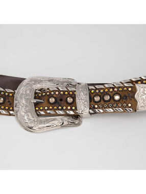 Women's Kippys Cow Hair Brown Leather Rhinestones Belt Silver Buckle Sz 32